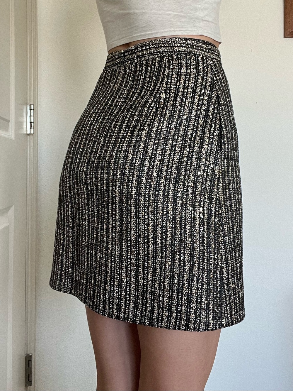 Saint Laurent Black and White Tweed A-Line Skirt